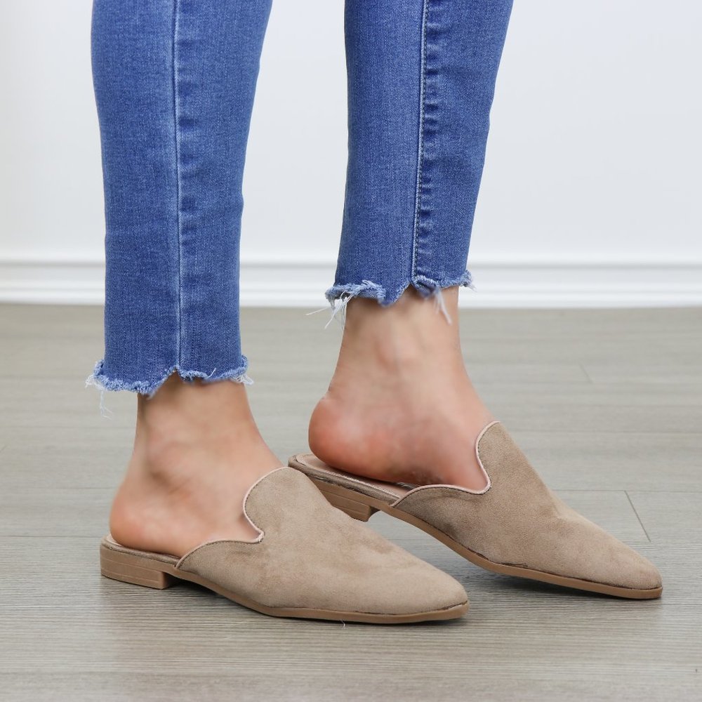 Tan Suede Pointy Toe Slip On Mule Loafers - Picture 4 of 8